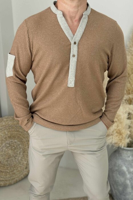 ONE COLOR BUTTONS NECK MEN SWEATSHIRT BROWN/KAFE - 3