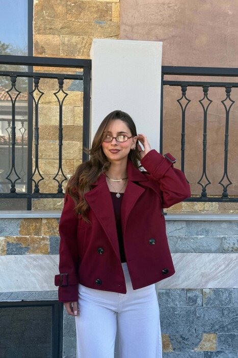 ONE COLOR BUTTONS SHORT WOMAN COAT BURGUNDY/VISHNJE - KLAUDIO FASHION