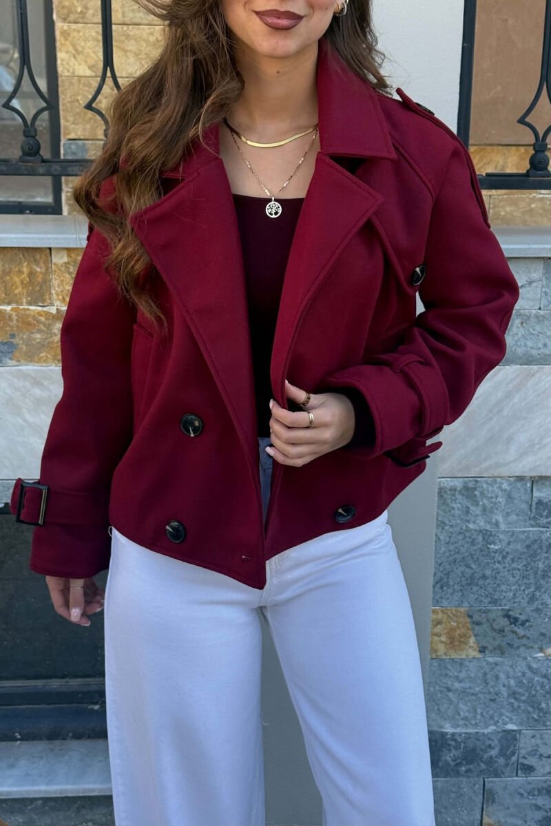 ONE COLOR BUTTONS SHORT WOMAN COAT BURGUNDY/VISHNJE - 2