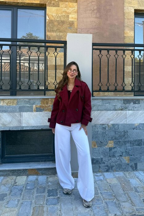 ONE COLOR BUTTONS SHORT WOMAN COAT BURGUNDY/VISHNJE - 5