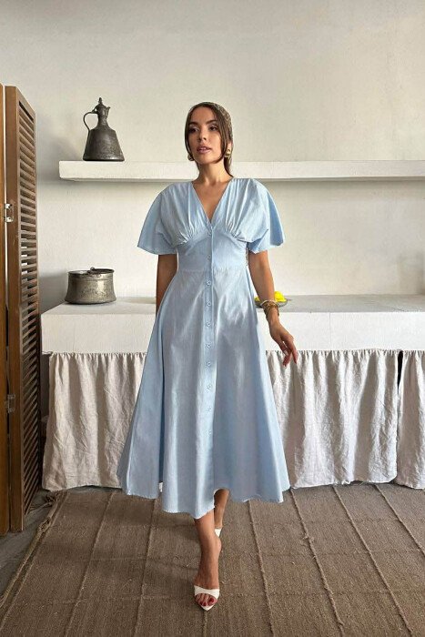 ONE COLOR BUTTONS V NECK WOMAN DRESS BABY BLUE/BLU BY - KLAUDIO FASHION