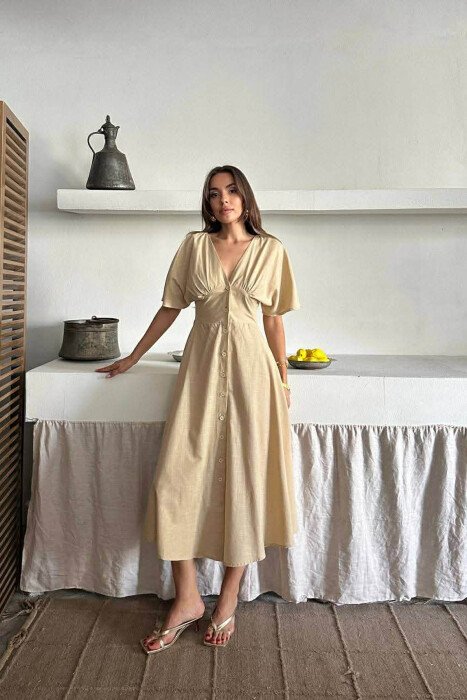 ONE COLOR BUTTONS V NECK WOMAN DRESS BEIGE/BEZHE - KLAUDIO FASHION