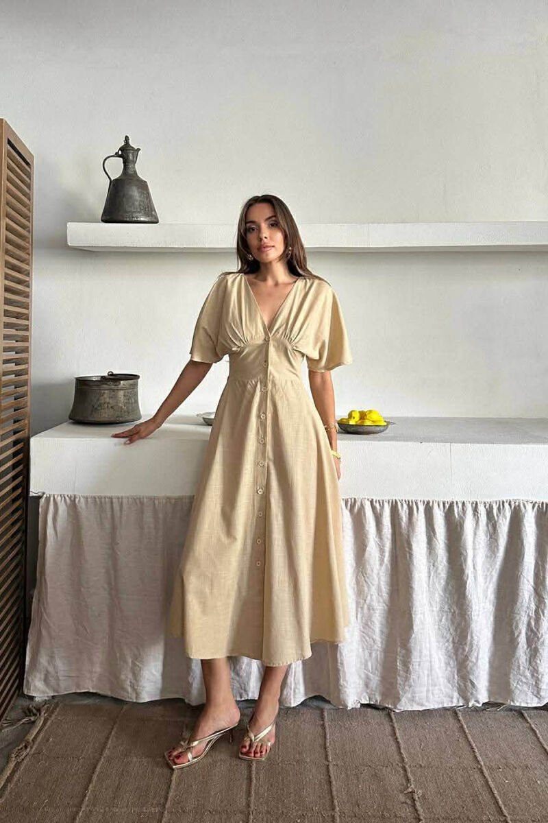 ONE COLOR BUTTONS V NECK WOMAN DRESS BEIGE/BEZHE - 1