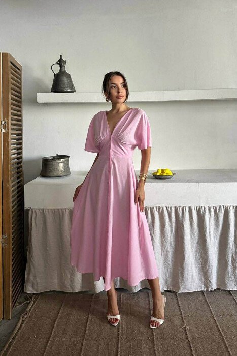 ONE COLOR BUTTONS V NECK WOMAN DRESS PINK/ROZE - KLAUDIO FASHION