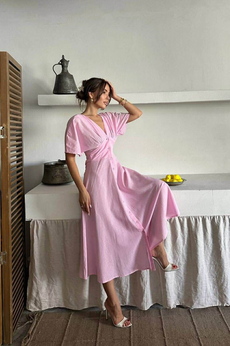 ONE COLOR BUTTONS V NECK WOMAN DRESS PINK/ROZE - 2