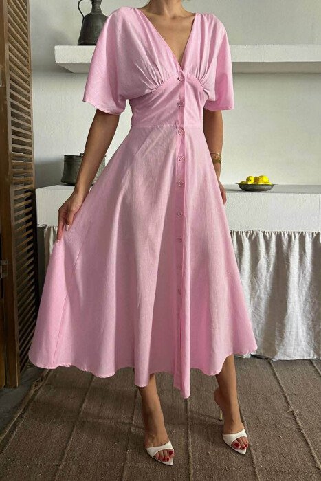 ONE COLOR BUTTONS V NECK WOMAN DRESS PINK/ROZE - 3