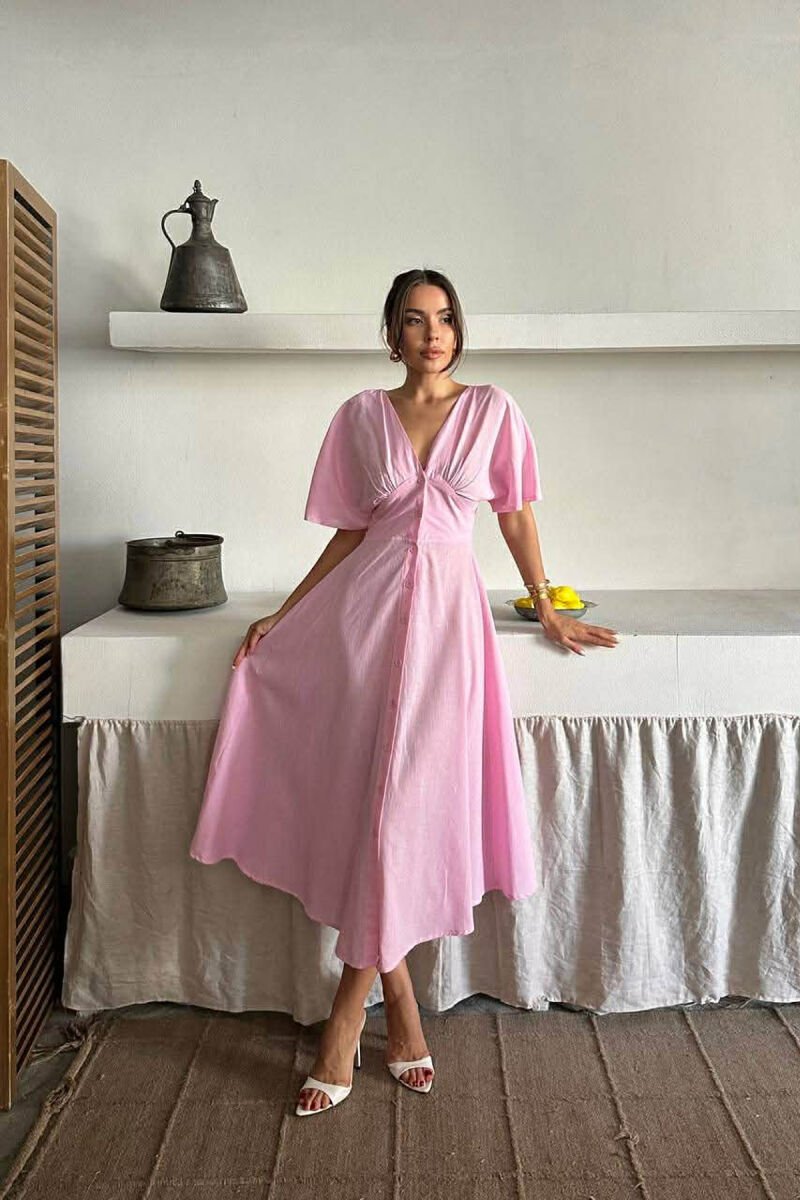 ONE COLOR BUTTONS V NECK WOMAN DRESS PINK/ROZE - 4