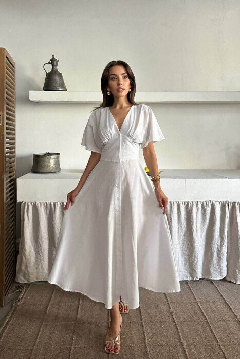 ONE COLOR BUTTONS V NECK WOMAN DRESS WHITE-E BARDHE - KLAUDIO FASHION