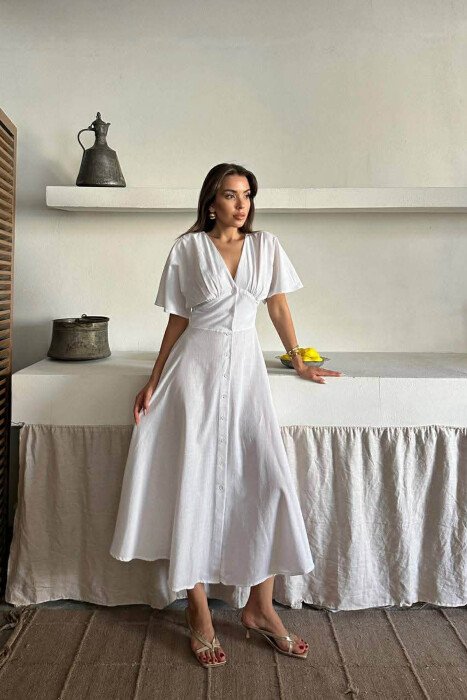 ONE COLOR BUTTONS V NECK WOMAN DRESS WHITE-E BARDHE - 3