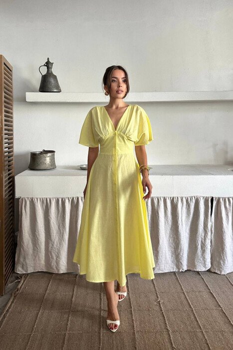 ONE COLOR BUTTONS V NECK WOMAN DRESS YELLOW/E VERDHE - KLAUDIO FASHION