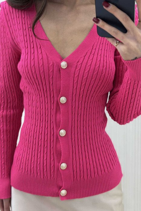 ONE COLOR BUTTONS WOMEN CARDIGAN FUCHSIA/CIKLAMI - 3
