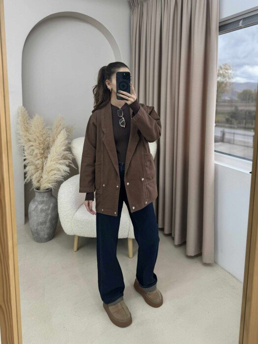ONE COLOR BUTTONS WOMEN JACKET BROWN/KAFE - 7