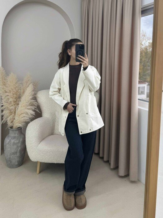ONE COLOR BUTTONS WOMEN JACKET CREAM/KREM - 6