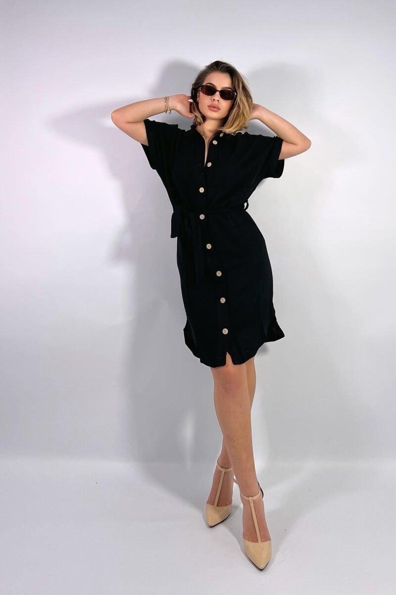 ONE COLOR BUTTONS WOMEN DRESS BLACK/ E ZEZE - 1