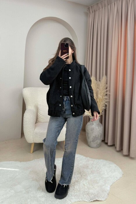 ONE COLOR BUTTONS WOMEN JACKET BLACK/ E ZEZE - 3