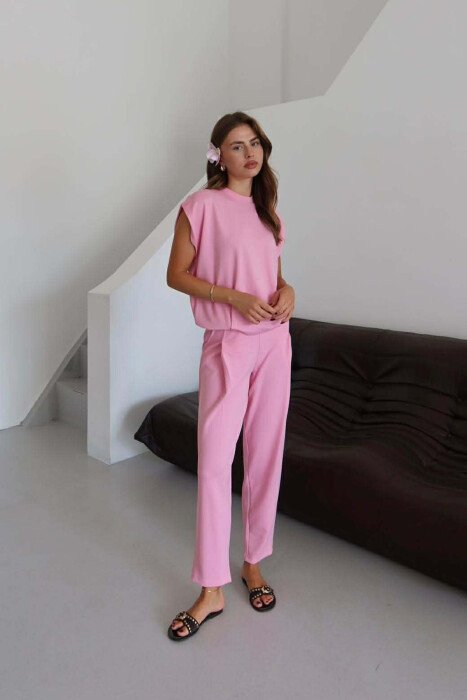 ONE COLOR CAP SLEEVE T-SHIRT+ TROUSERS WOMAN SET PINK/ROZE - KLAUDIO FASHION