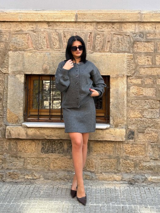 ONE COLOR CARDIGAN +SKIRT WOMAN SET DARK GREY/GEE - KLAUDIO FASHION