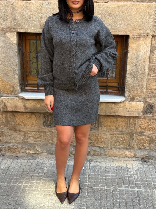 ONE COLOR CARDIGAN +SKIRT WOMAN SET DARK GREY/GEE - 2