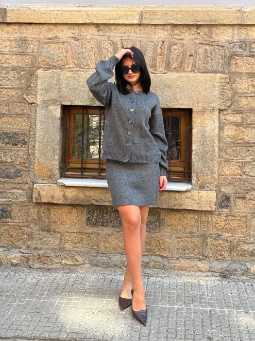 ONE COLOR CARDIGAN +SKIRT WOMAN SET DARK GREY/GEE - 3