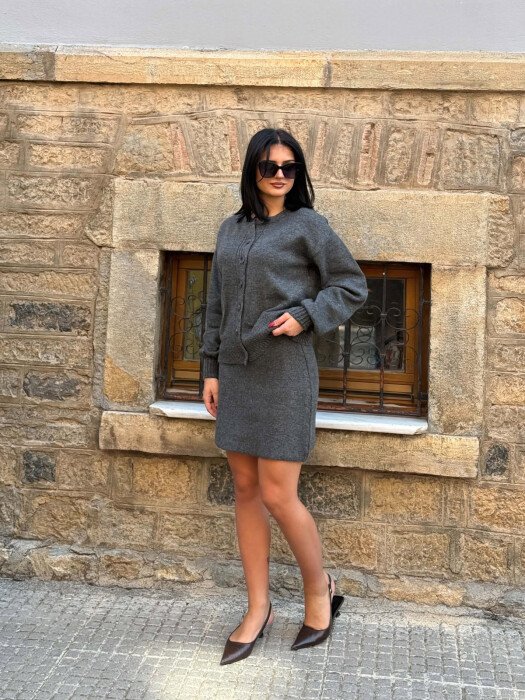 ONE COLOR CARDIGAN +SKIRT WOMAN SET DARK GREY/GEE - 5