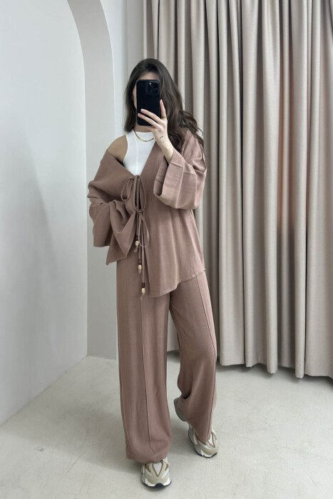 ONE COLOR CARDIGAN+TROUSERS WOMEN SET LIGHT BROWN/KAZB - 1