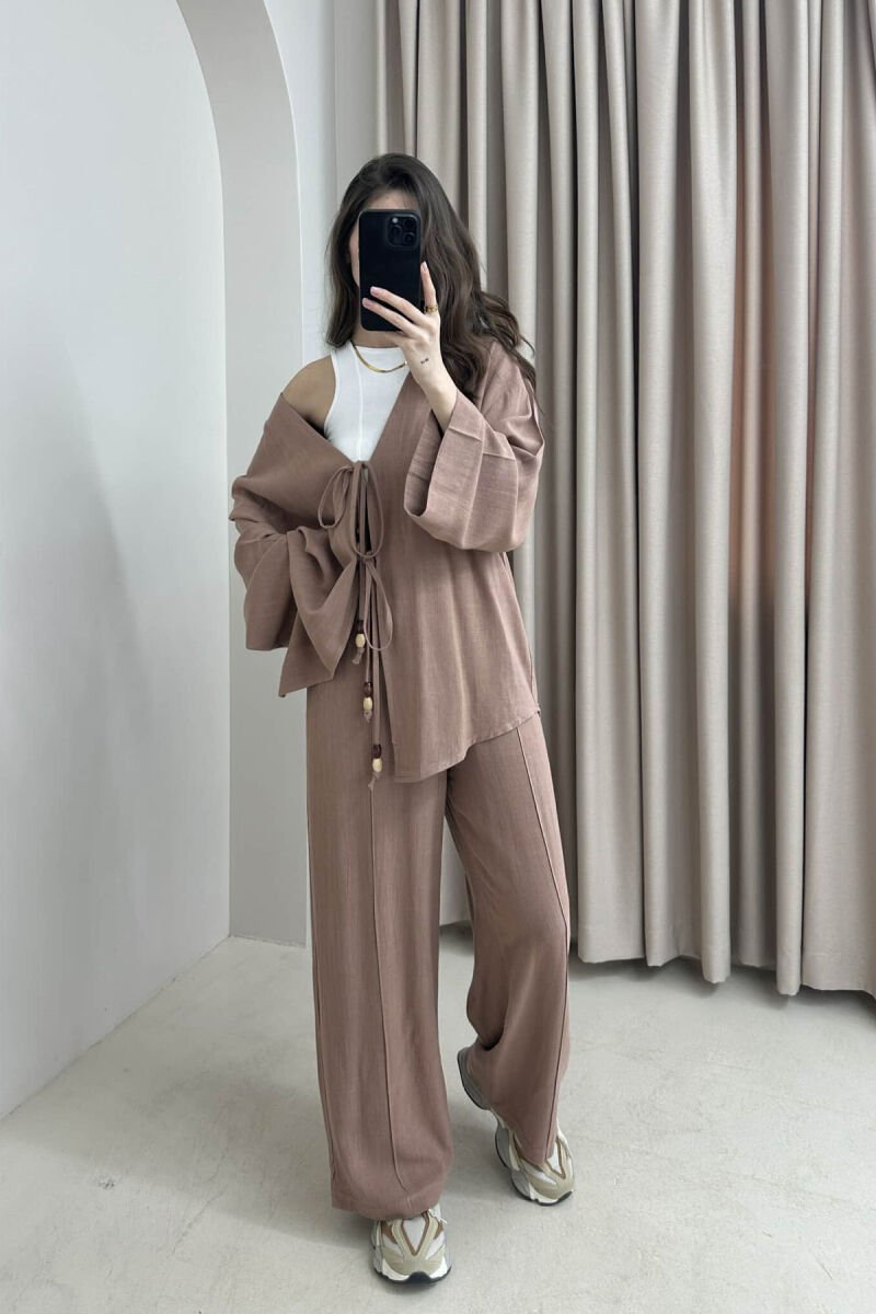 ONE COLOR CARDIGAN+TROUSERS WOMEN SET LIGHT BROWN/KAZB - 1