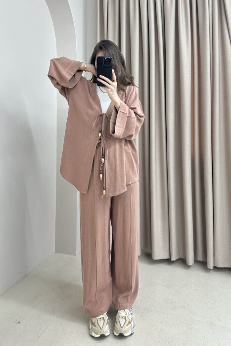 ONE COLOR CARDIGAN+TROUSERS WOMEN SET LIGHT BROWN/KAZB - 4