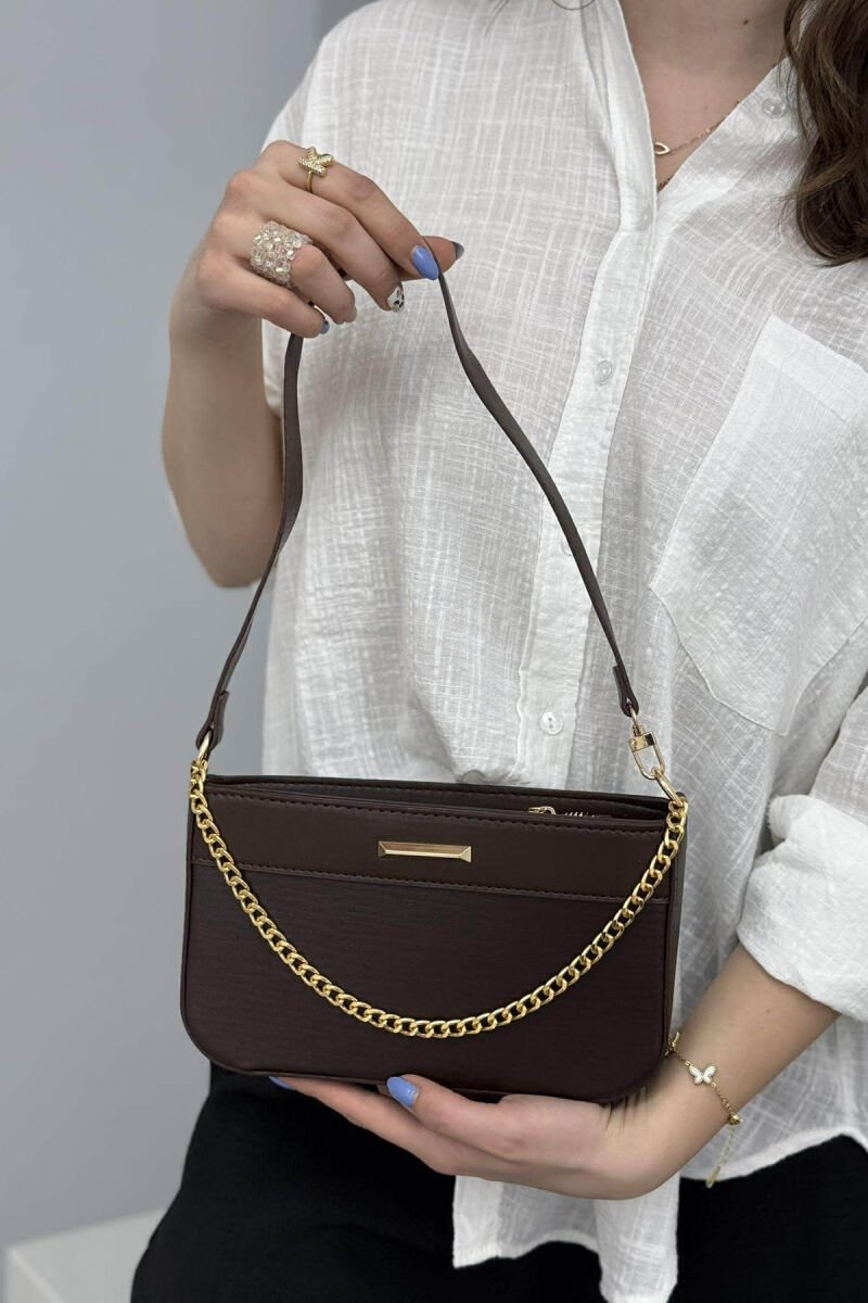 ONE COLOR CHAIN DETAIL WOMEN BAG DARK BROWN/KAE - 1