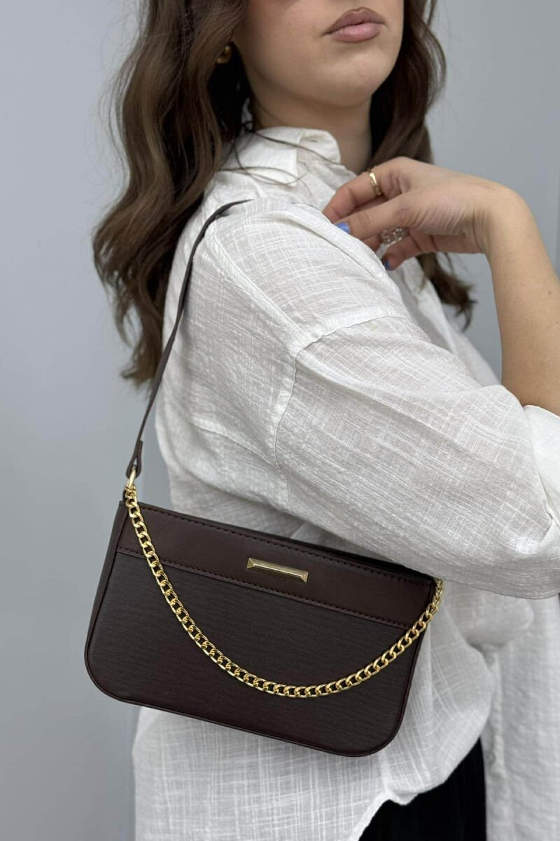 ONE COLOR CHAIN DETAIL WOMEN BAG DARK BROWN/KAE - 3
