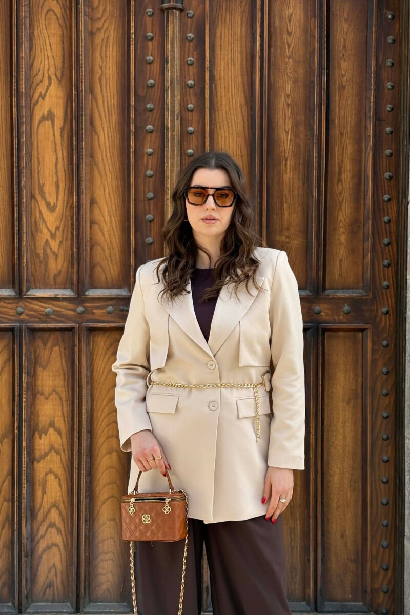 ONE COLOR CHAIN DETAIL WOMEN JACKET CREAM/KREM - 1