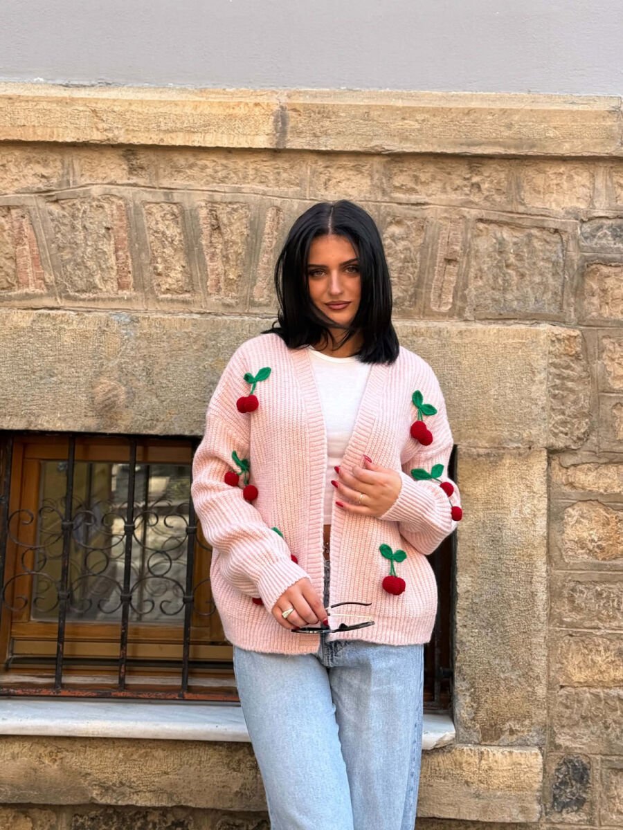 ONE COLOR CHERRY DETAILS WOMAN CARDIGAN PINK/ROZE - 1