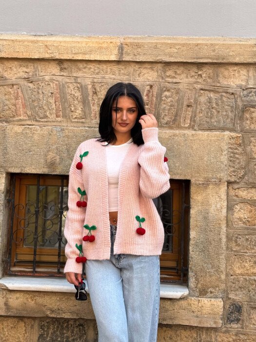 ONE COLOR CHERRY DETAILS WOMAN CARDIGAN PINK/ROZE - 3