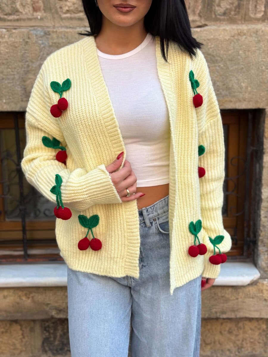 ONE COLOR CHERRY DETAILS WOMAN CARDIGAN YELLOW/E VERDHE - 2