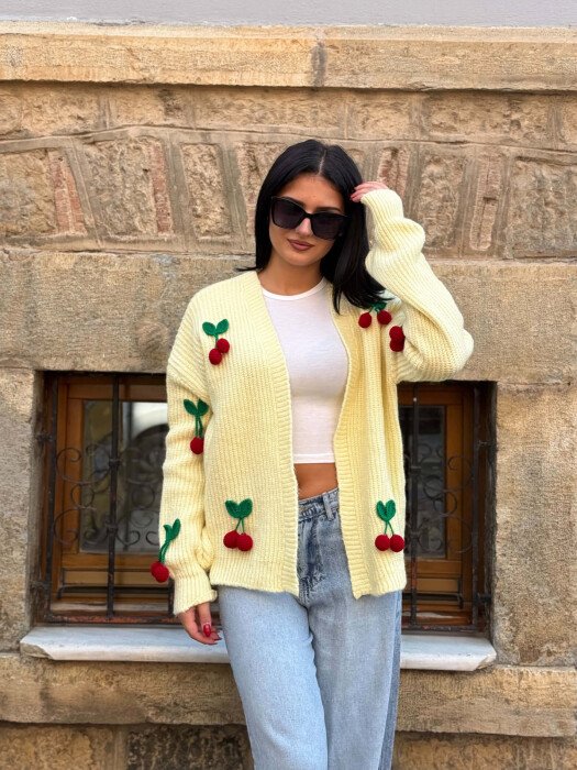 ONE COLOR CHERRY DETAILS WOMAN CARDIGAN YELLOW/E VERDHE - 3