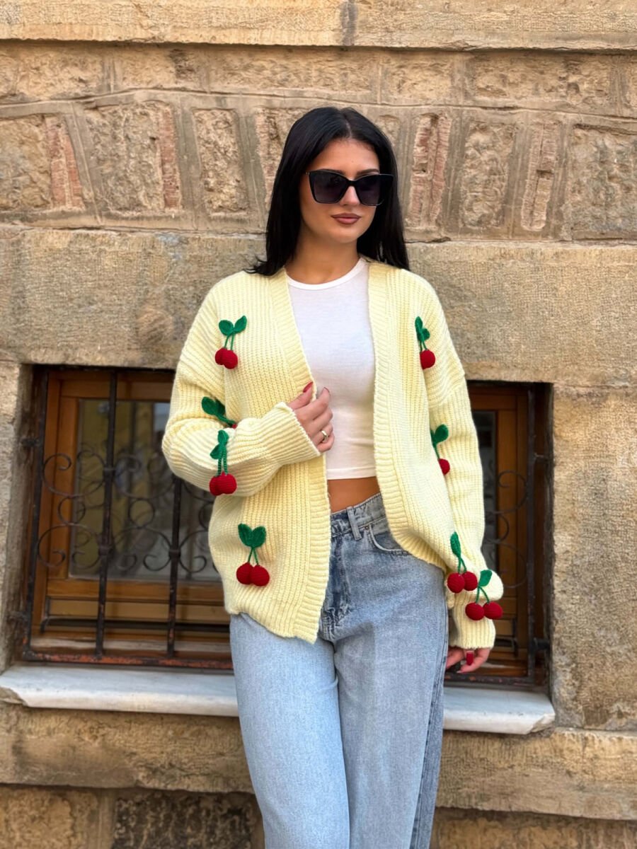 ONE COLOR CHERRY DETAILS WOMAN CARDIGAN YELLOW/E VERDHE - 5
