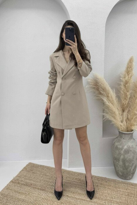 ONE COLOR CLASSIC BUTTON WOMEN DRESS BEIGE/BEZHE - KLAUDIO FASHION
