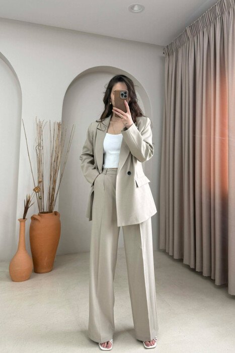 ONE COLOR CLASSIC JACKET + TROUSERS WOMAN SET BEIGE/BEZHE - KLAUDIO FASHION