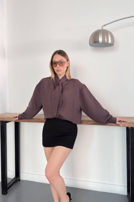 ONE COLOR COLLAR DESIGN WOMAN SHIRT BROWN/KAFE - KLAUDIO FASHION