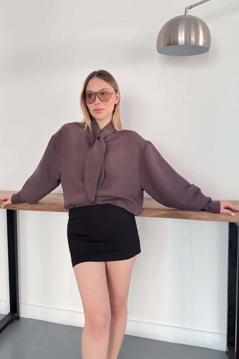 ONE COLOR COLLAR DESIGN WOMAN SHIRT BROWN/KAFE - 4