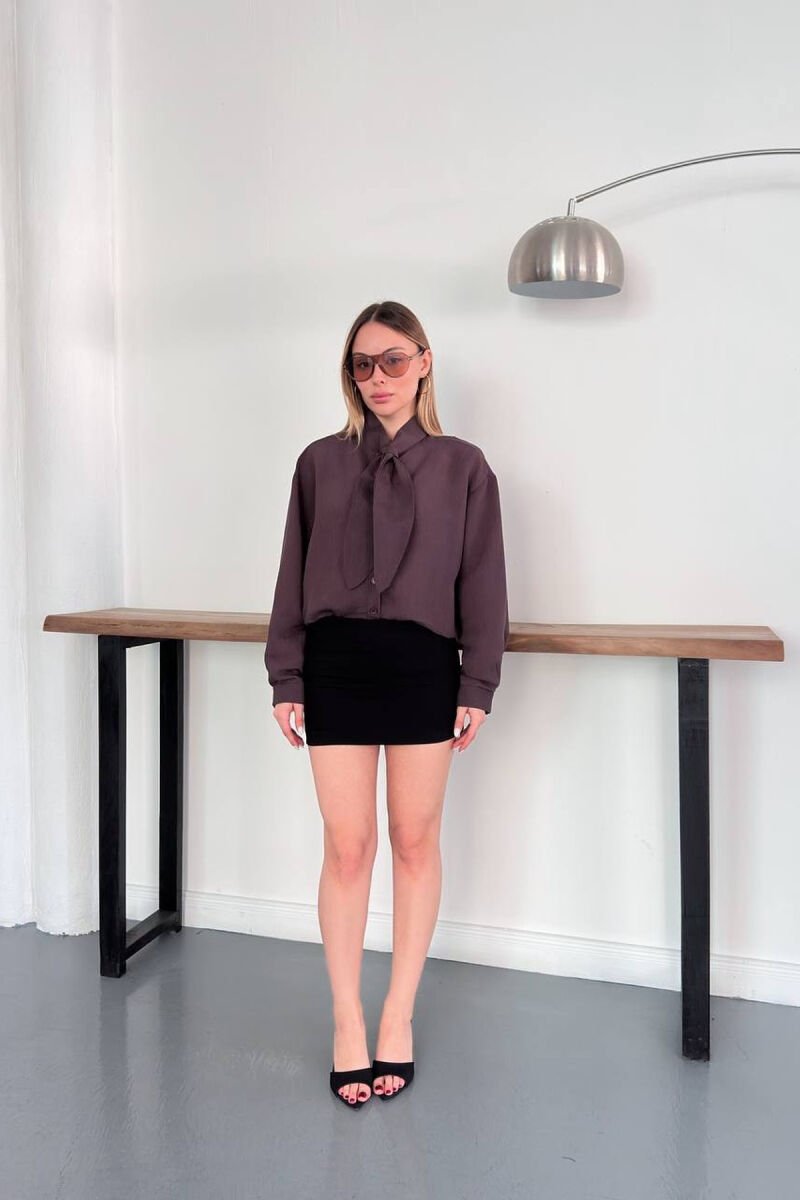 ONE COLOR COLLAR DESIGN WOMAN SHIRT BROWN/KAFE - 5