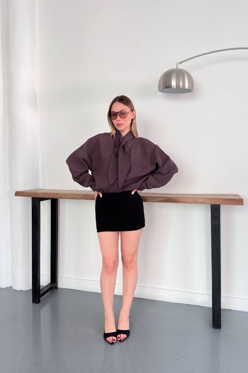 ONE COLOR COLLAR DESIGN WOMAN SHIRT BROWN/KAFE - 7
