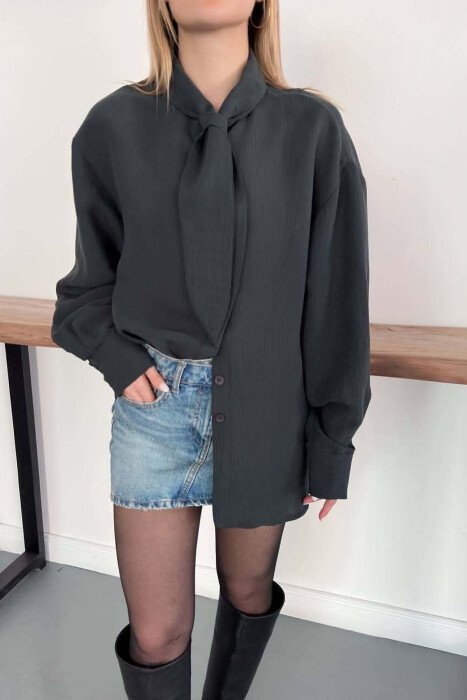 ONE COLOR COLLAR DESIGN WOMAN SHIRT DARK GREY/GEE - 7