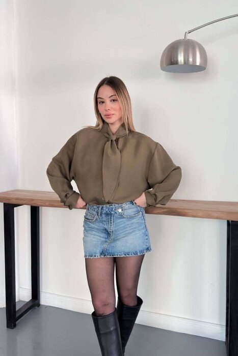 ONE COLOR COLLAR DESIGN WOMAN SHIRT OLIVE/ULLI - 5