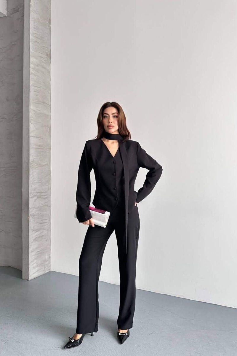 ONE COLOR COLLAR DETAIL JACKET + TROUSERS WOMAN SET BLACK/ E ZEZE - 1
