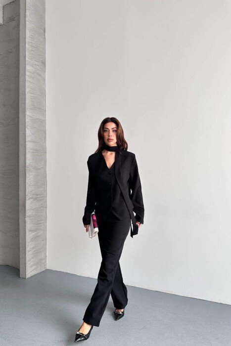 ONE COLOR COLLAR DETAIL JACKET + TROUSERS WOMAN SET BLACK/ E ZEZE - 3