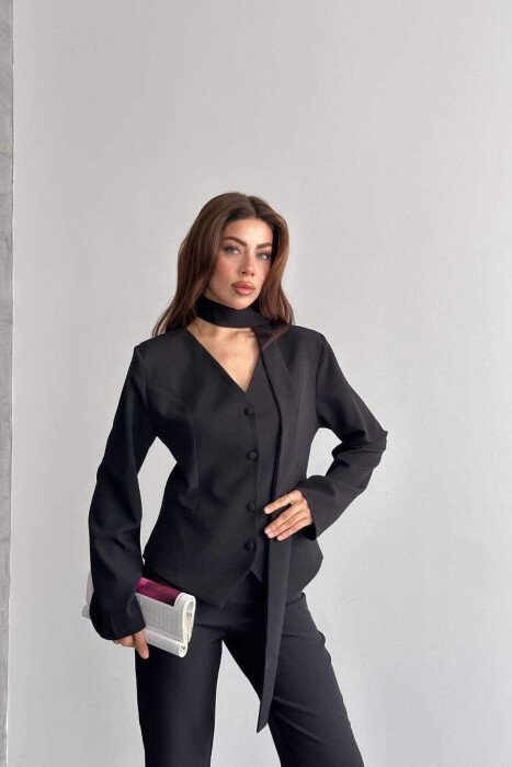 ONE COLOR COLLAR DETAIL JACKET + TROUSERS WOMAN SET BLACK/ E ZEZE - 7