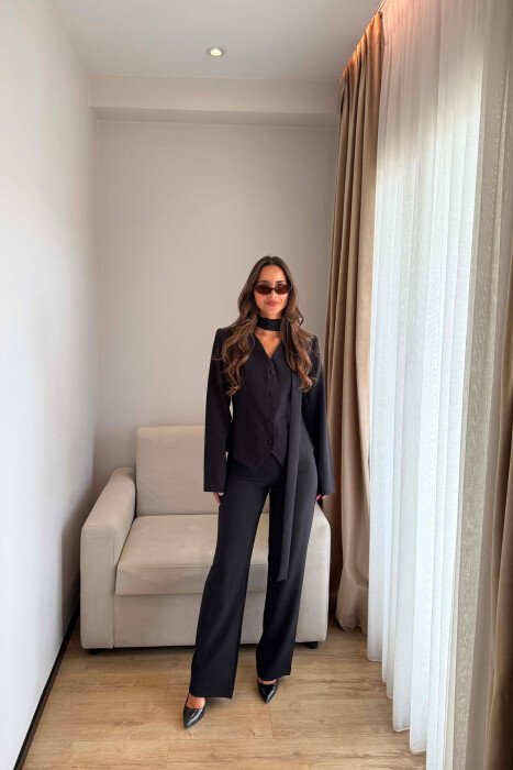 ONE COLOR COLLAR DETAIL JACKET + TROUSERS WOMAN SET BLACK/ E ZEZE - 1