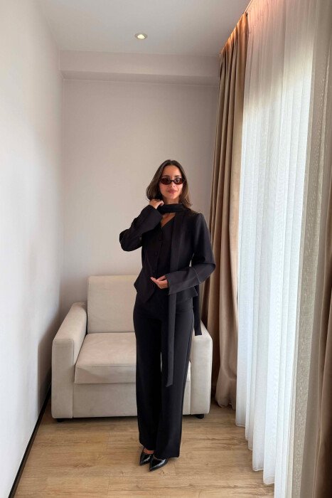 ONE COLOR COLLAR DETAIL JACKET + TROUSERS WOMAN SET BLACK/ E ZEZE - 3