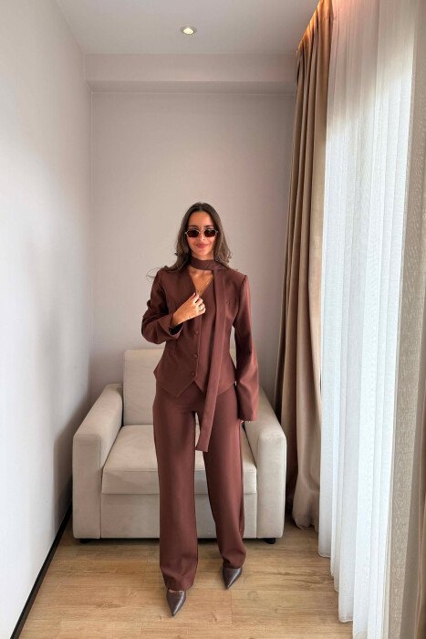ONE COLOR COLLAR DETAIL JACKET + TROUSERS WOMAN SET BROWN/KAFE 