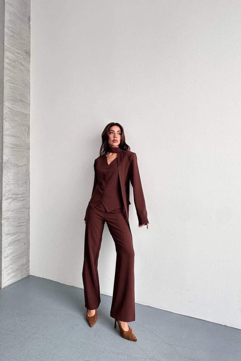 ONE COLOR COLLAR DETAIL JACKET + TROUSERS WOMAN SET BROWN/KAFE - 3